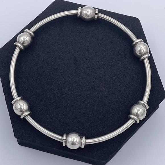 Mid-Century Vintage 925 Sterling Silver Beaded Station Bracelet Stackable Bangle - Picture 2 of 6